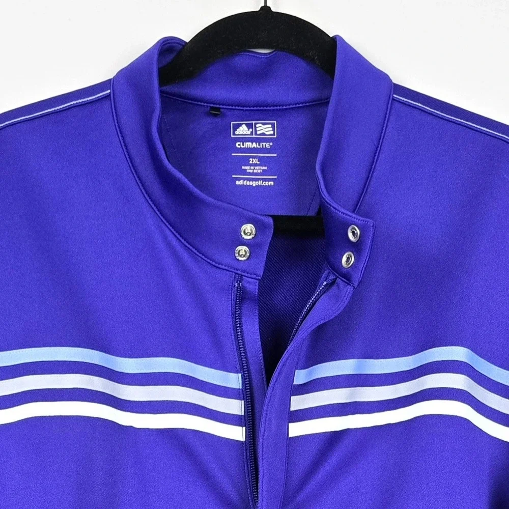 Adidas Golf Climalite Mens 2XL Purple Striped Full Zip‎ Pullover Jacket NG Logo